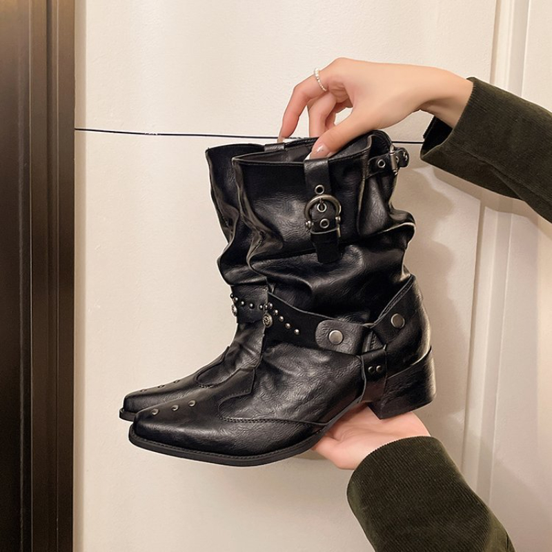 Street Fashion Y2K - Y2k Motorbike Mid-calf Boots Retro PU