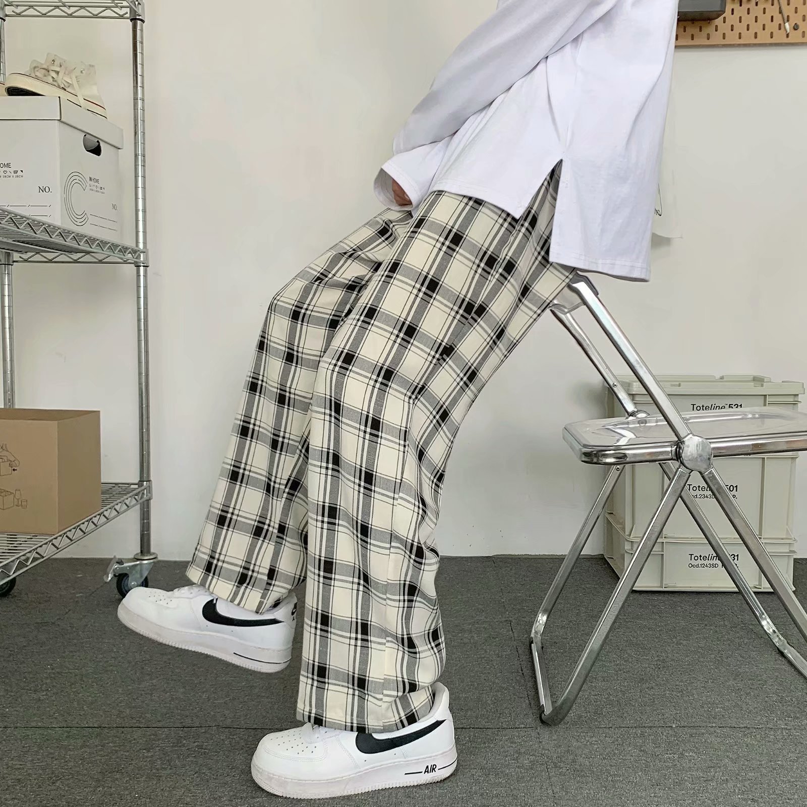 Cargo Pant Wide - Men Plaid Pants Korean Style Loose