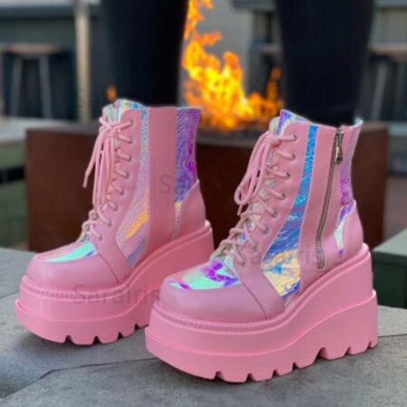 Women's Pink Holographic Platf - đánh giá và giá Street Fashion Punk